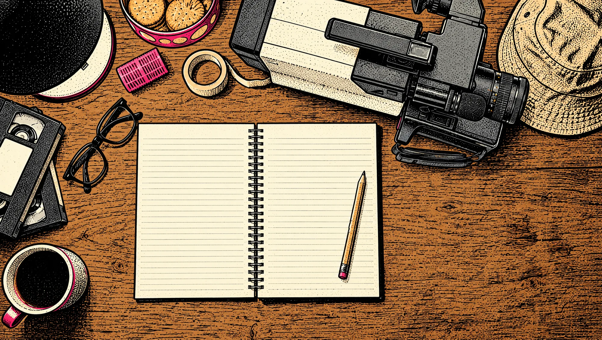 George's desk at night: his open notebook, pencil, reading glasses, camcorder, VHS tapes, tea and one of Gladys's pink rollers