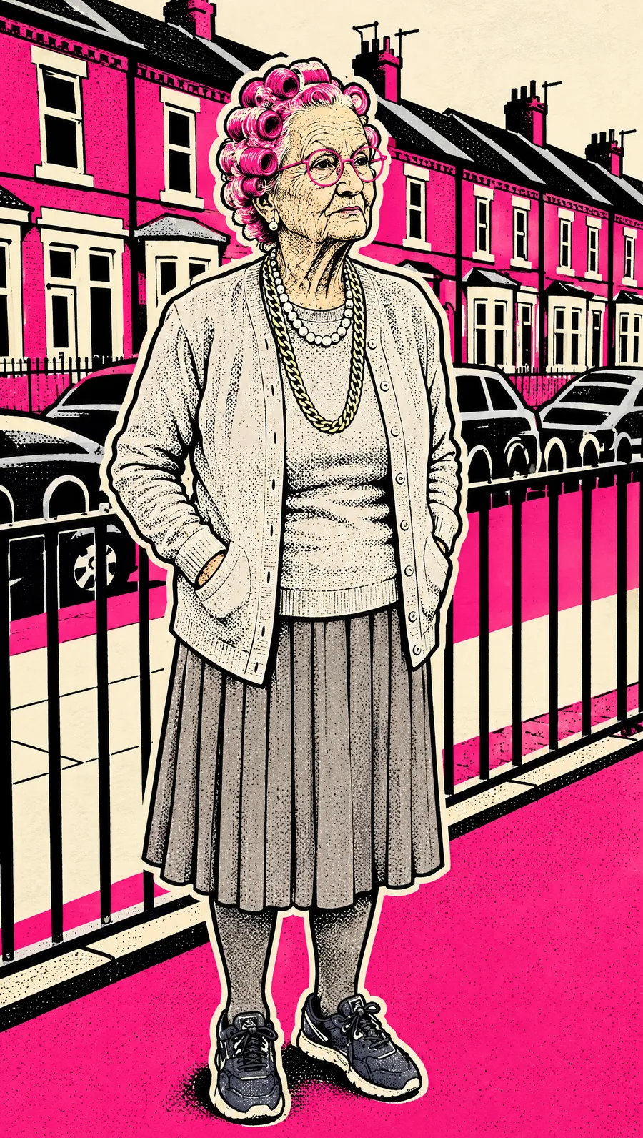 Gladys in a blue twinset by the railings of a terraced street