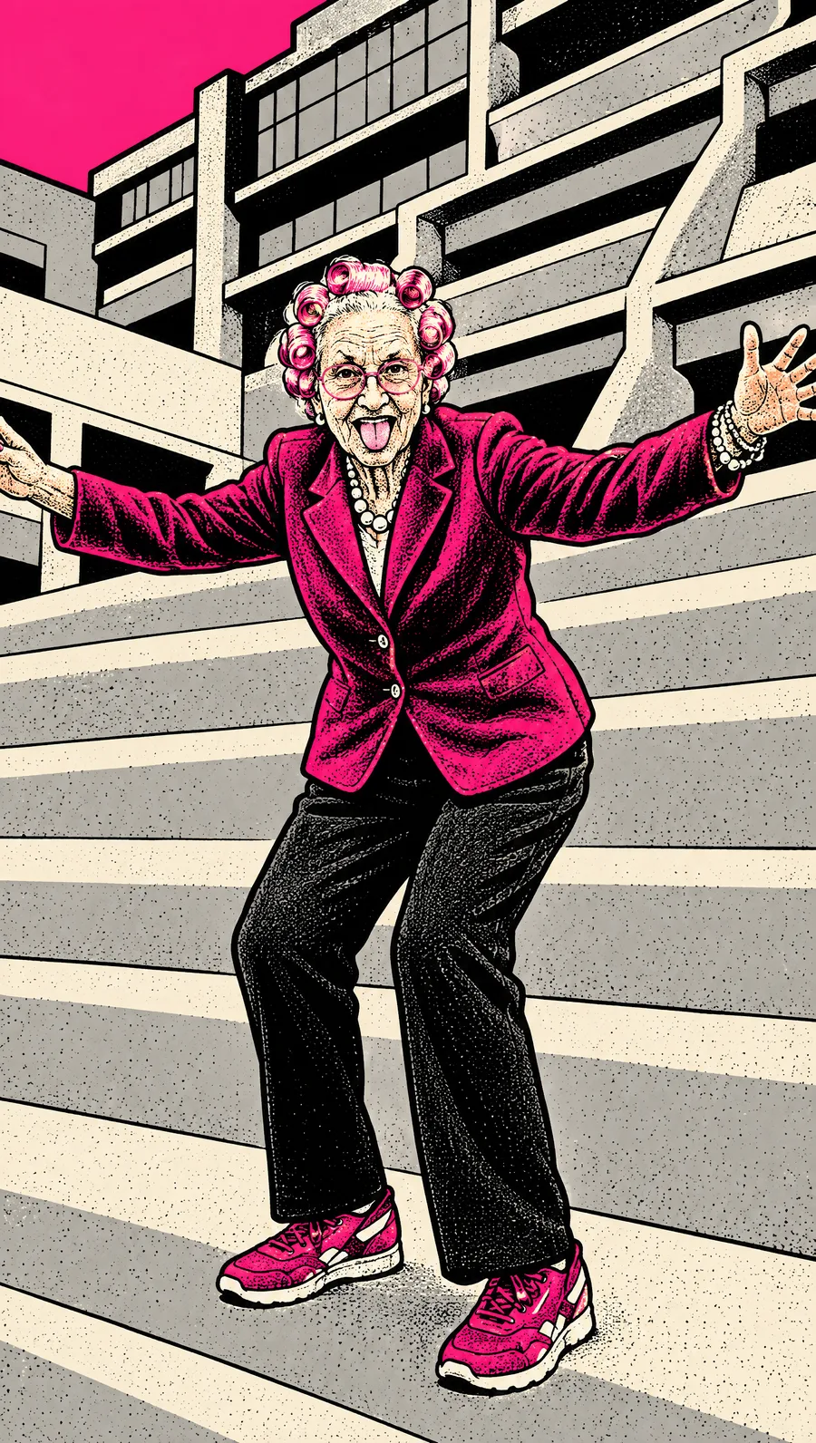 Gladys with her arms out on concrete steps