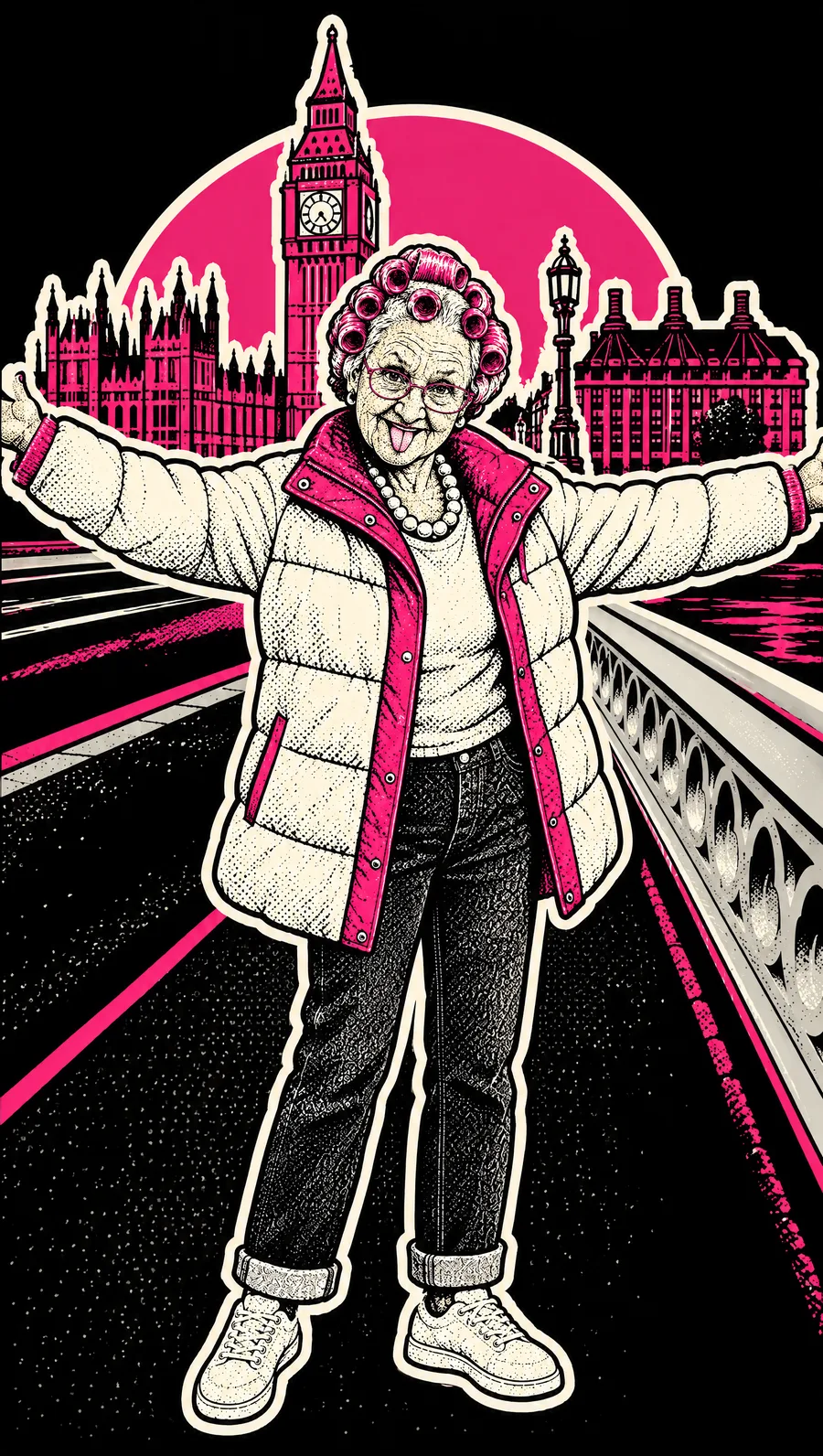 Gladys with her arms out on Westminster Bridge