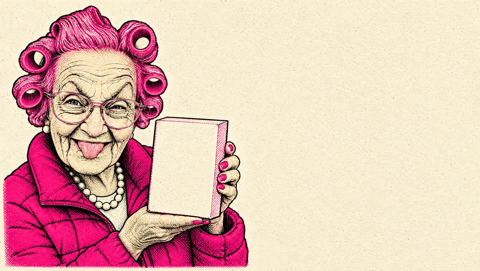 Risograph print of Gladys holding up a blank product box like a telly advert
