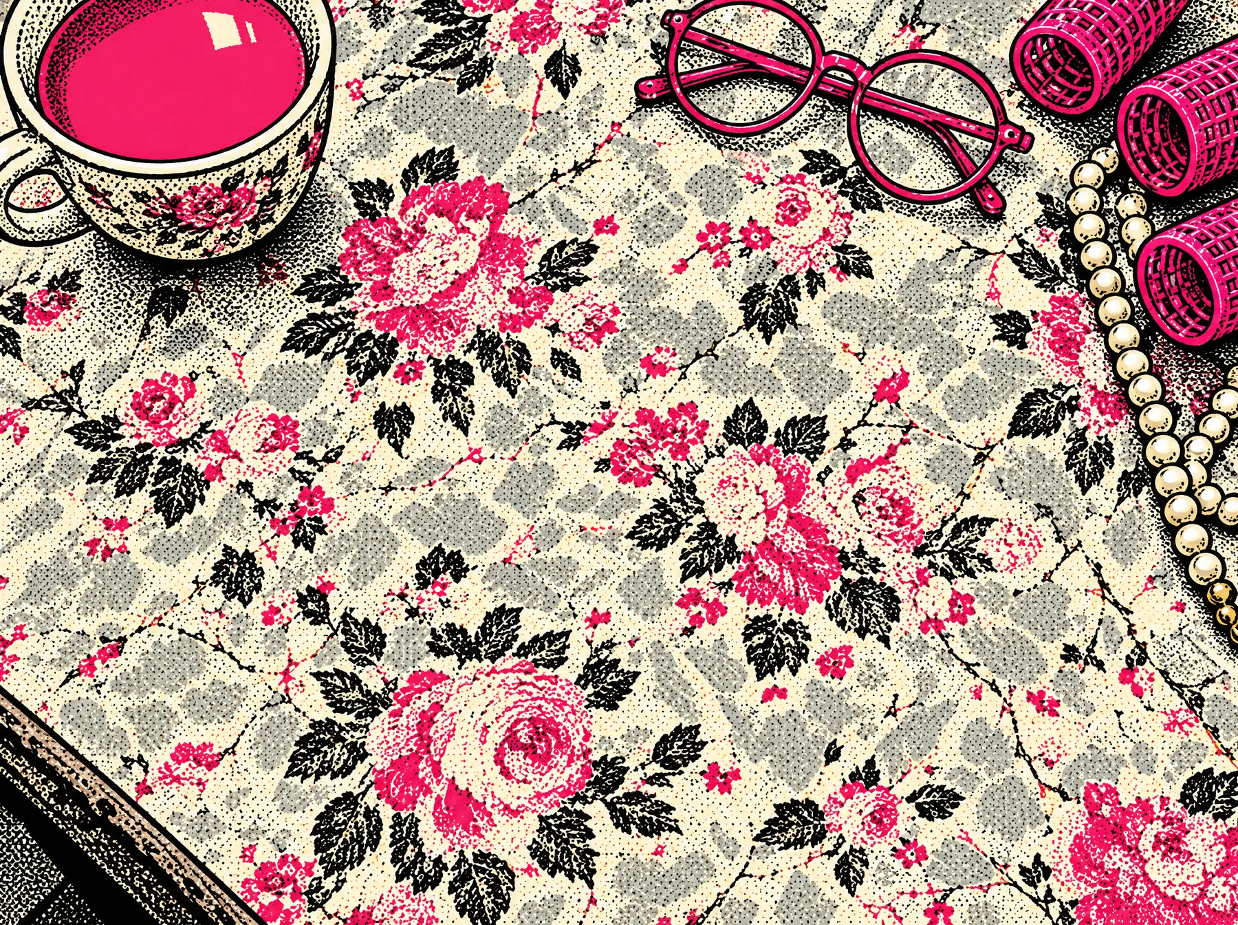 Gladys's kitchen table covered in her stickers, with her tea, pink glasses, rollers and pearls
